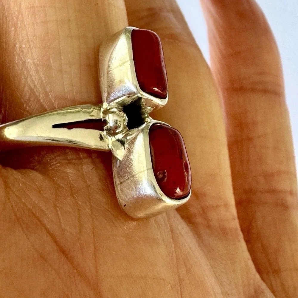 Navajo Red Branch Coral Ring Sz 9 Sterling‎ Signed A Two Stone High Shine Native
